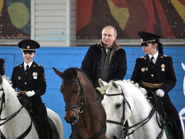 "Тренажер, массажер и ухажер": Путин на непокорном полицейском коне поздравил женщин с 8 Марта (ВИДЕО)