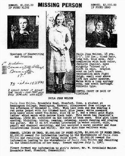 1 декабря 1946 года 18-летняя студенка Пола Велден ушла на пешую прогулку. Она так никогда и не вернулась, и не было найдено никаких ее следов.