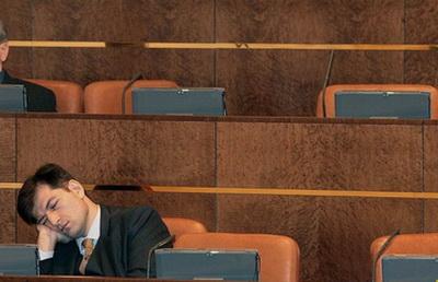 Спящий сенатор во время пленарного заседания Совета Федерации России, 2007 год. Скучно ему одному вот и заслушался в ладонь