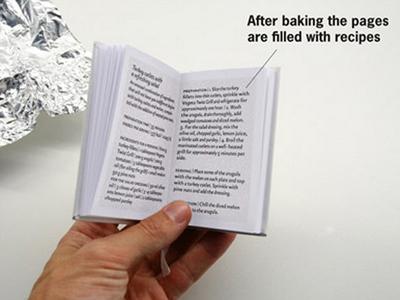 Эта книга была создана хорватскими книгоиздателями. Для того чтобы приготовить какое-нибудь блюдо по рецепту из нее, нужно сначала запечь альманах, - только после этого на его страницах появится текст.