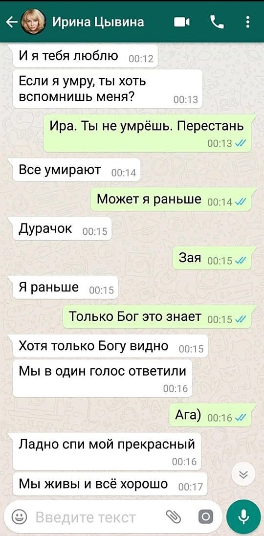 Опубликовано предсмертное СМС актрисы Ирины Цывиной (ФОТО)