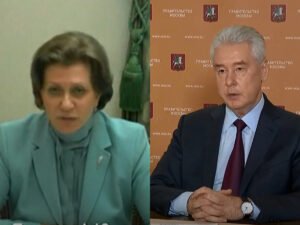 Попова и Собянин на видеосовещании с Путиным