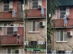 Старушка стала интернет-звездой, занявшись уборкой на карнизе балкона