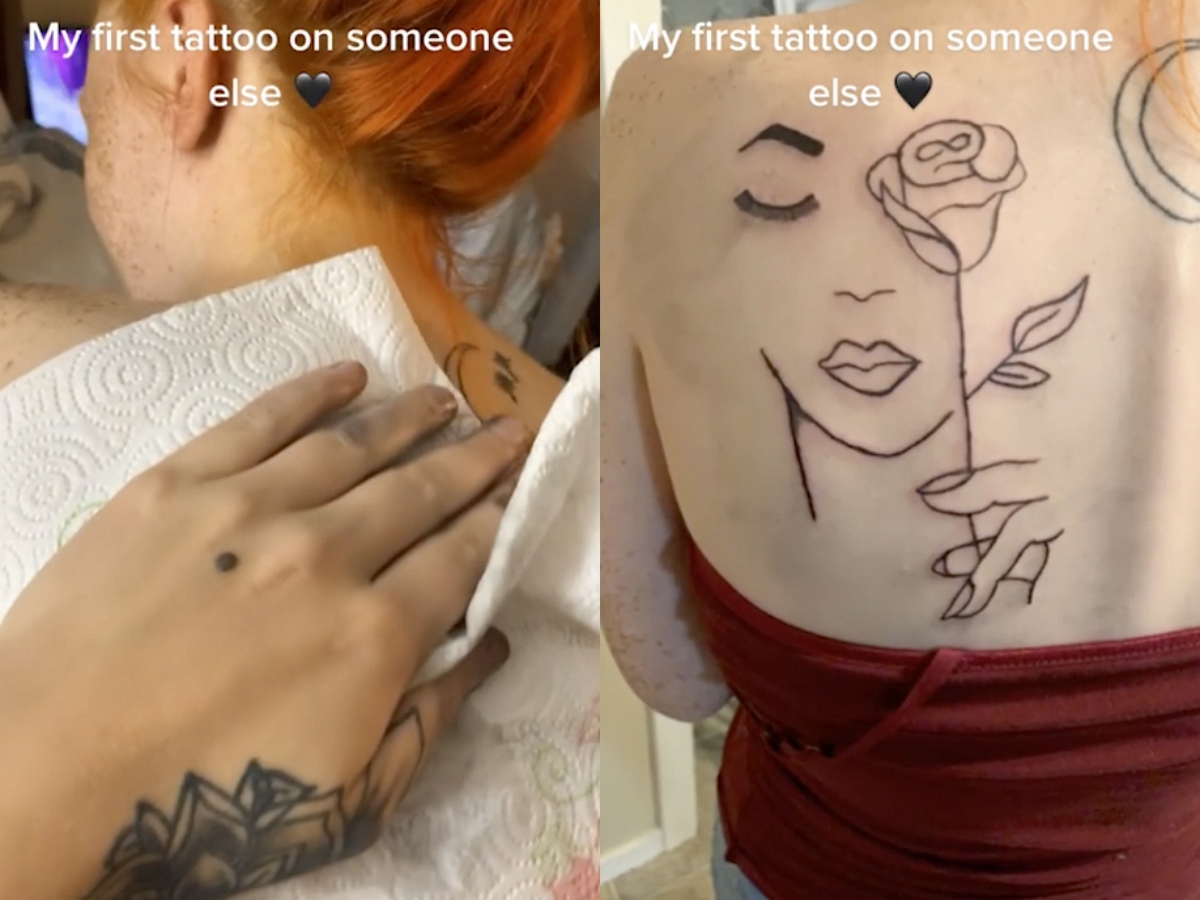Татуировщица с гордостью показала свой дебют, рассмешив пользователей