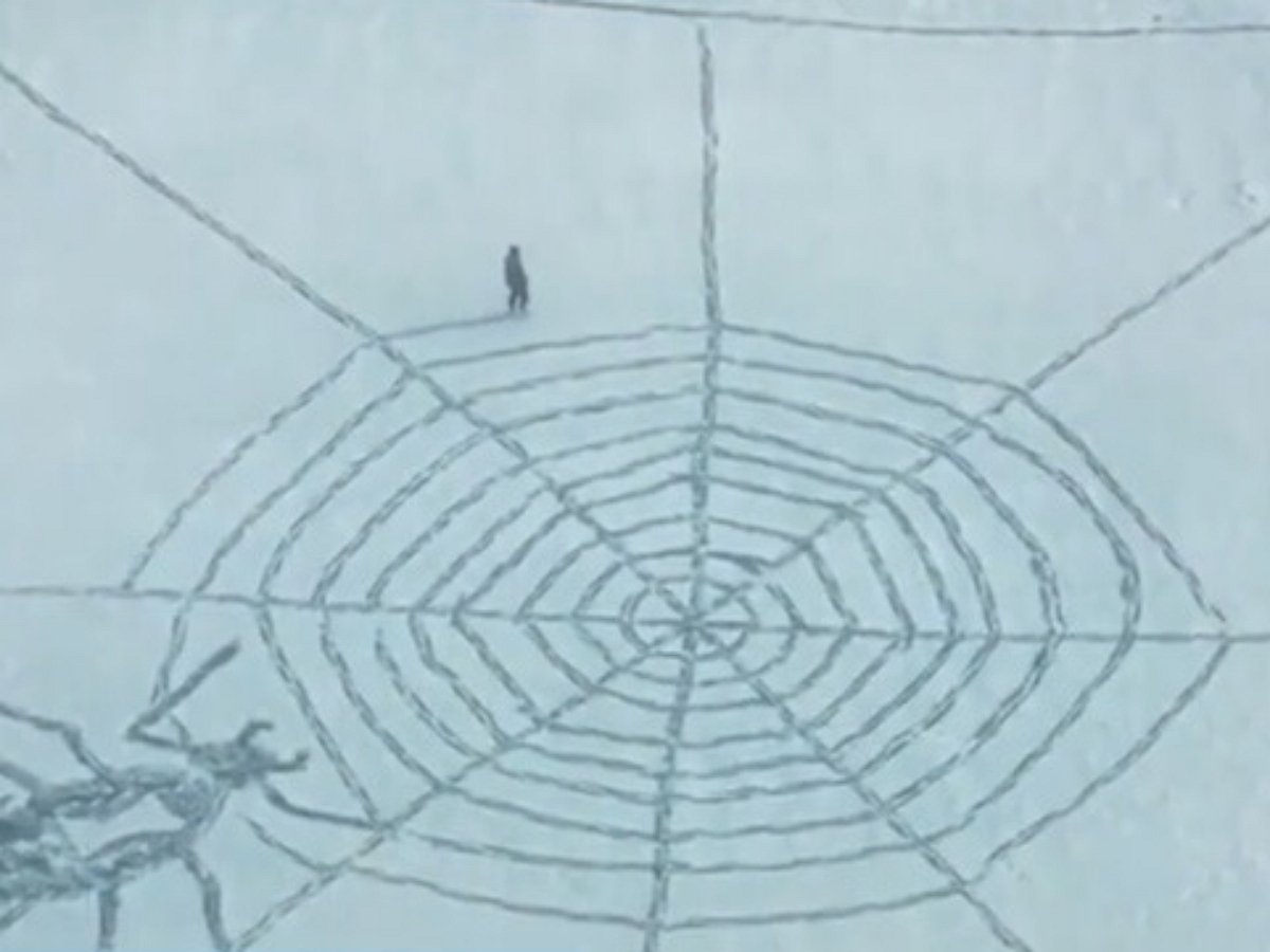 Мужчина, прогуливаясь, вытоптал в снегу целую картину