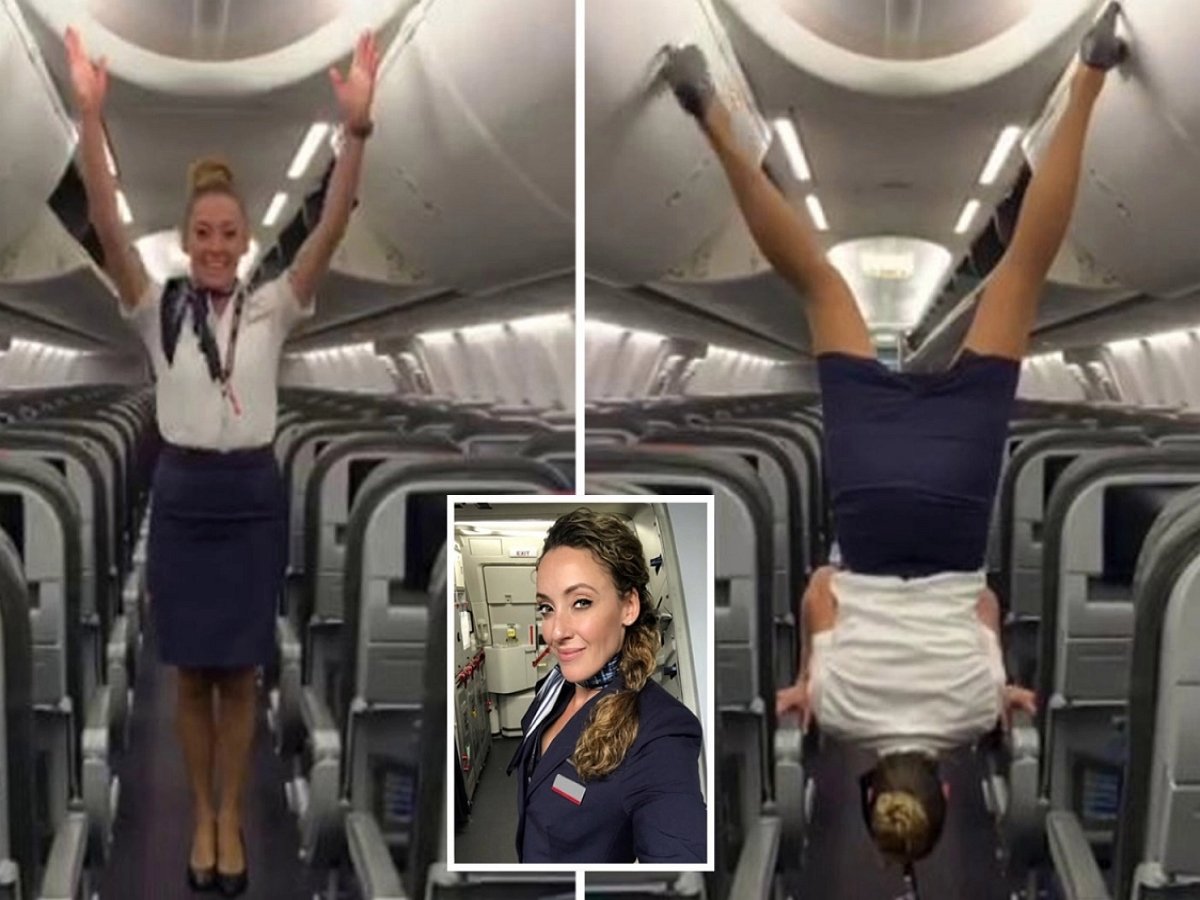 Стюардесса исполняет хитрые трюки, перевернувшись вверх ногами