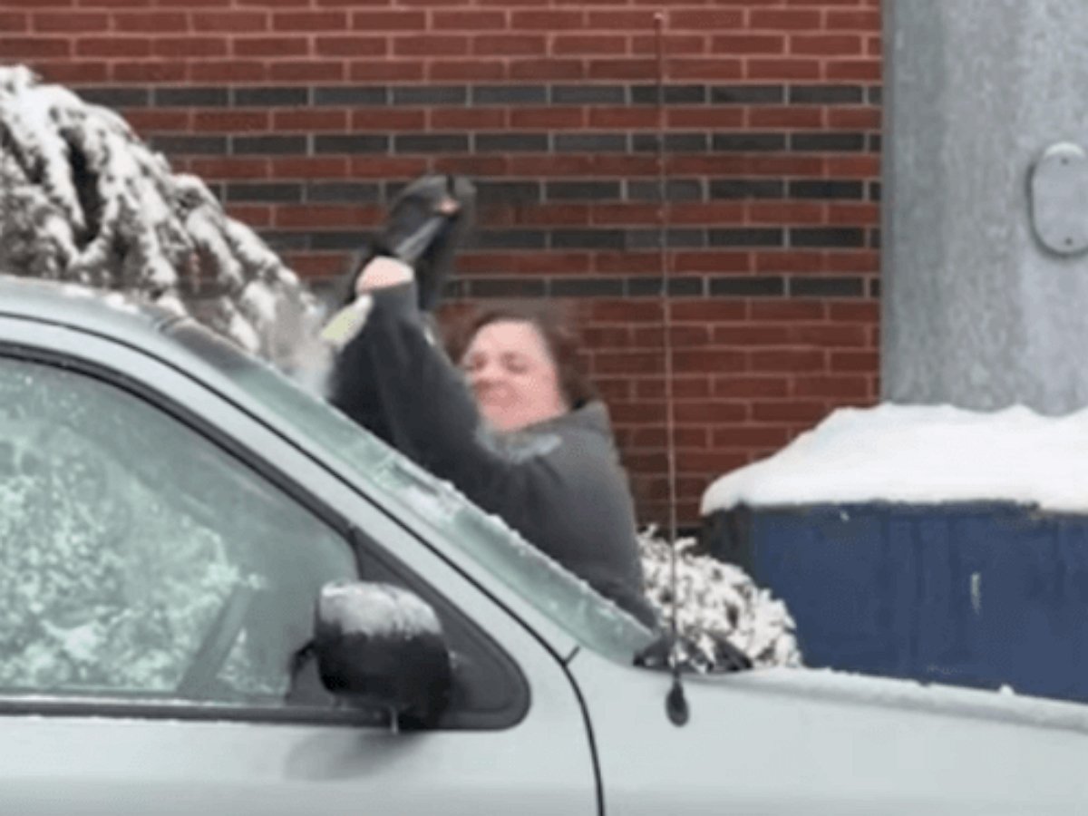 Эта автоледи так агрессивно счищает лед с машины, что вызывает всеобщее сочувствие