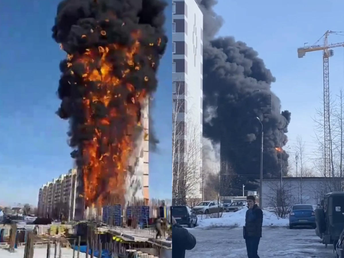 Мощный пожар в 17-этажном недостроенном доме в Твери сняли на видео